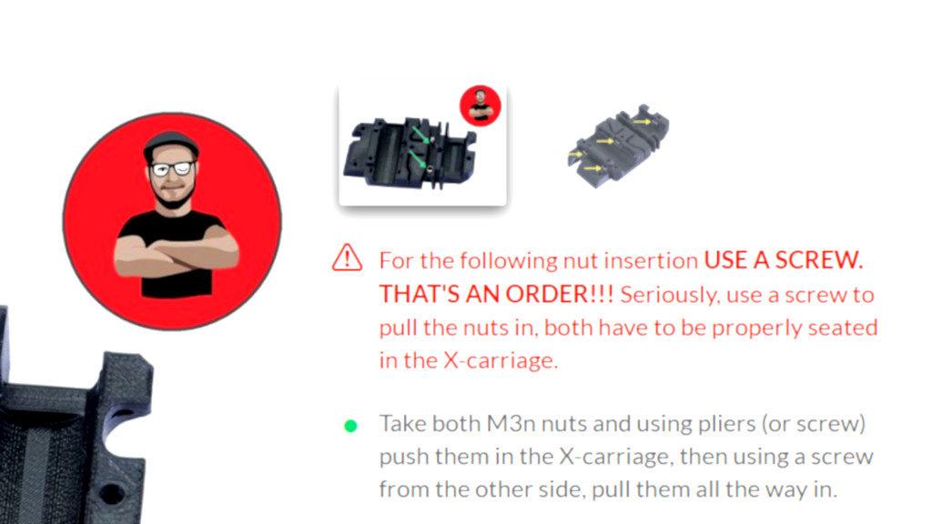 Joseph Prusa in Action - Reminding to Use a Screwdriver to Sit the Nuts Properly