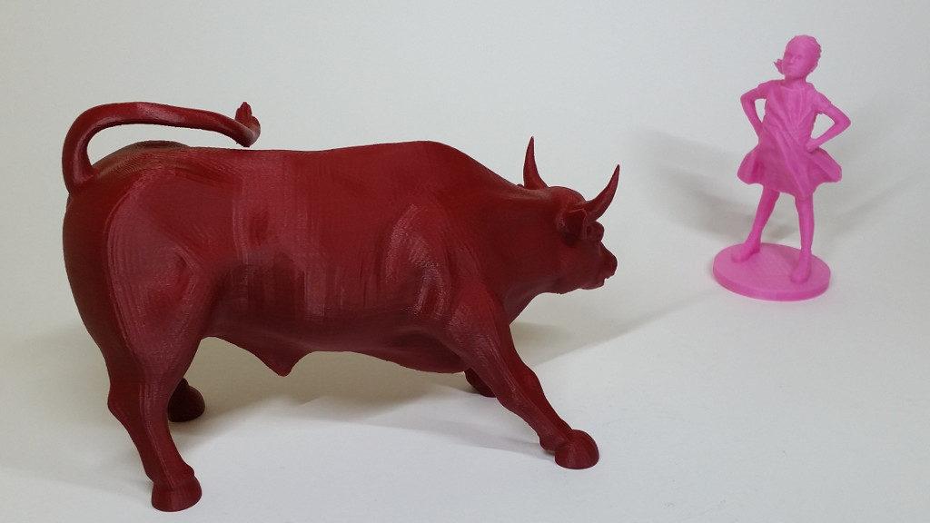 3D Printed in Red and Pink PLA - Wall Street Charging Bull and Fearless Girl - Controversial Juxtaposition