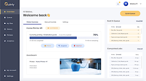 Quinly Software - 3D Printing Scheduling and Queueing