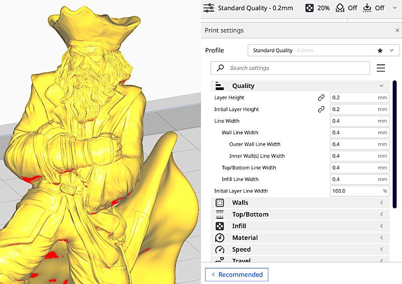A model being prepared in Cura - Plunderbuss Pete