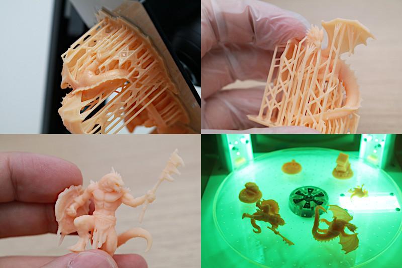 Models after printing, after washing, and during curing