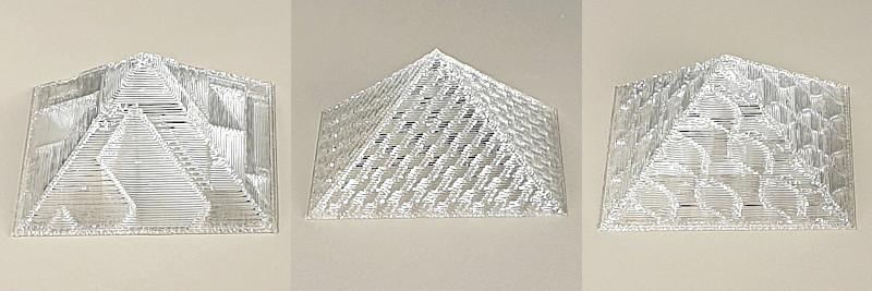 different infill patterns - a Pyramid model in transparent filament