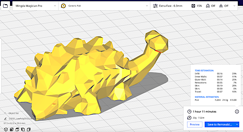 A model sliced in Cura Slicer