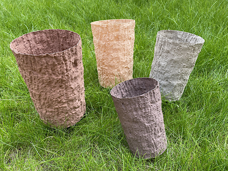 3D Printed Giant Redwood Texture Vases on the Grass