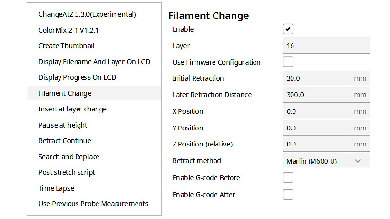 Filament Change Settings in Cura