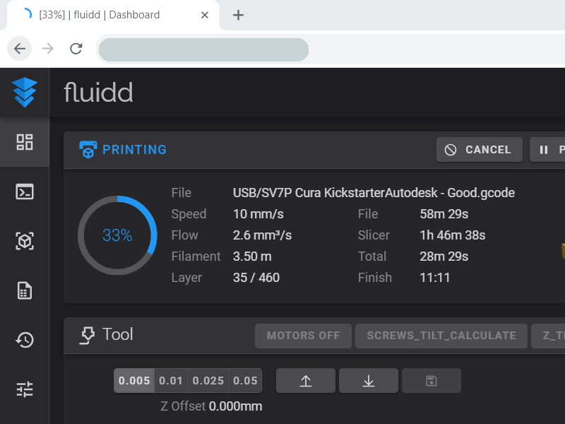 Fluidd Klipper Interface Tab in Browser