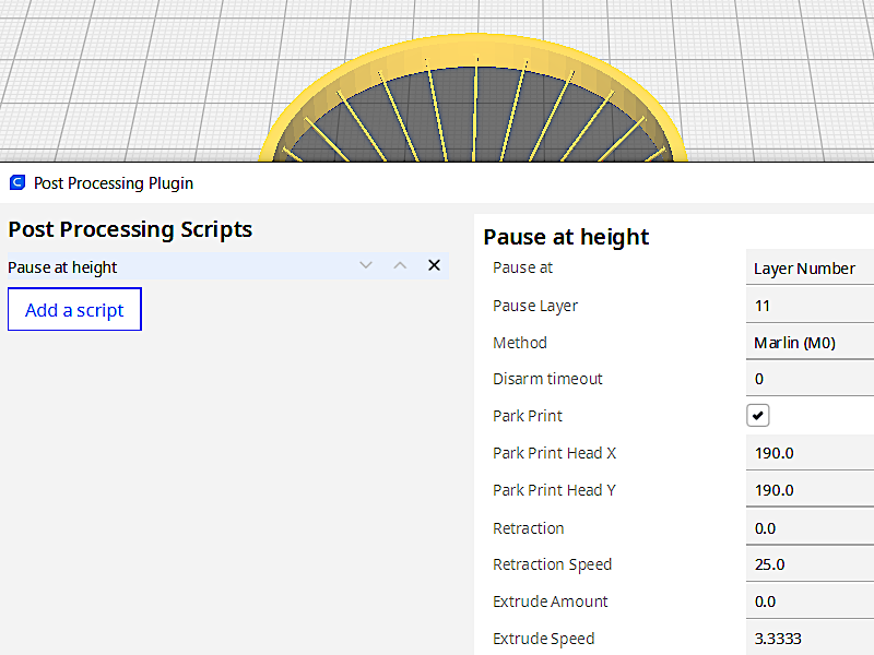 Pause at height setting in Cura
