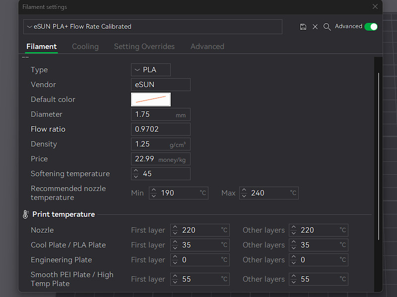 Bambu Slicer Filament Settings Screen