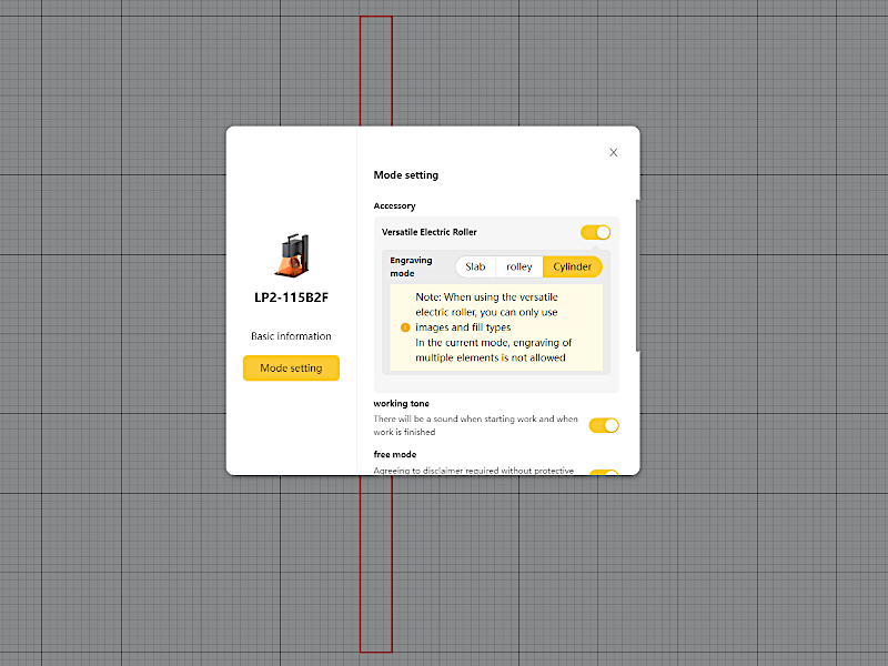 Design Space Machine Settings - Cylinder Mode