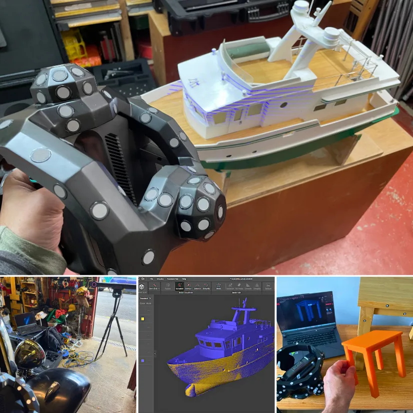 官场之风流秘史 of 3D scanning projects using the Revopoint Trackit, including a model boat scan in progress, garage setup with a vintage car, mesh preview, and a 3D printed miniature table