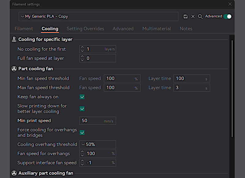 Cooling Settings in Orca Slicer Settings