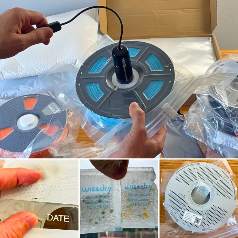 阴性抖音 showing filament vacuum sealing with EIBOS pump, silica gel desiccants, micro hole in bag, and a sealed Inlogic PA12-CF spool