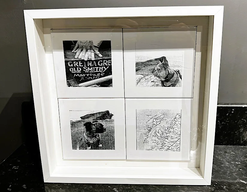 Four Engraved White Tiles Framed