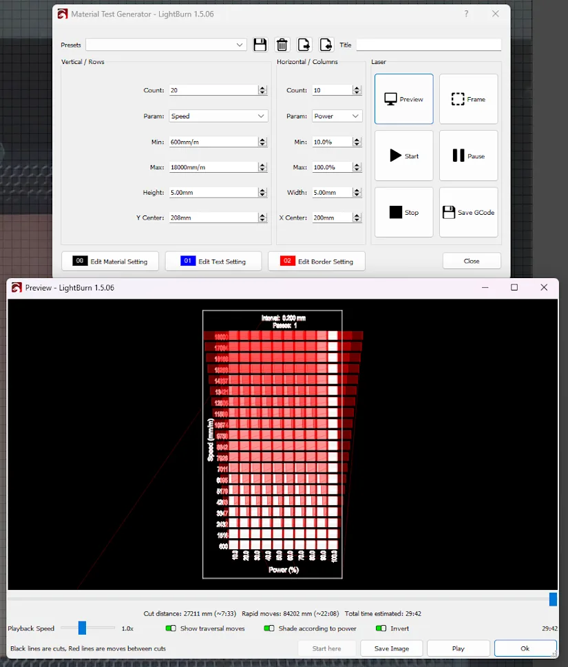 Engrave Test Settings in LightBurn