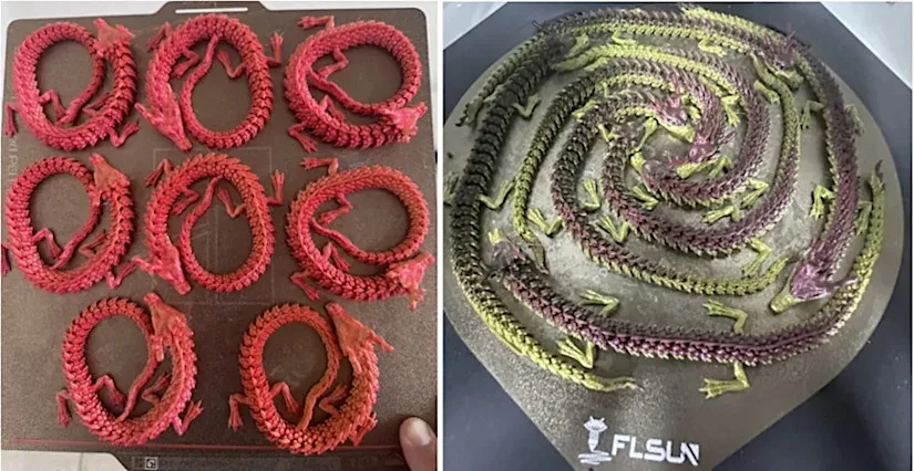 Comparison of dragon models mass-printed on Cartesian and Delta 3D printer beds
