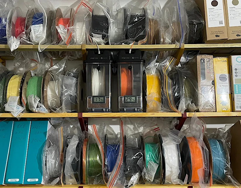 SnapDryer Boxes on a Filament Rack
