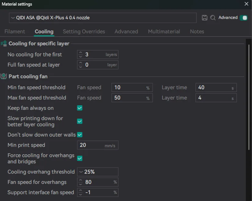 Layer Cooling Time and Other Settings