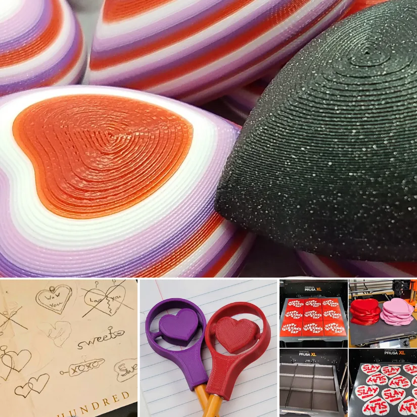 美女热舞诱惑 showing 3D printed Valentine designs, sketches, batch printing, and finished classroom exchanges over multiple school years