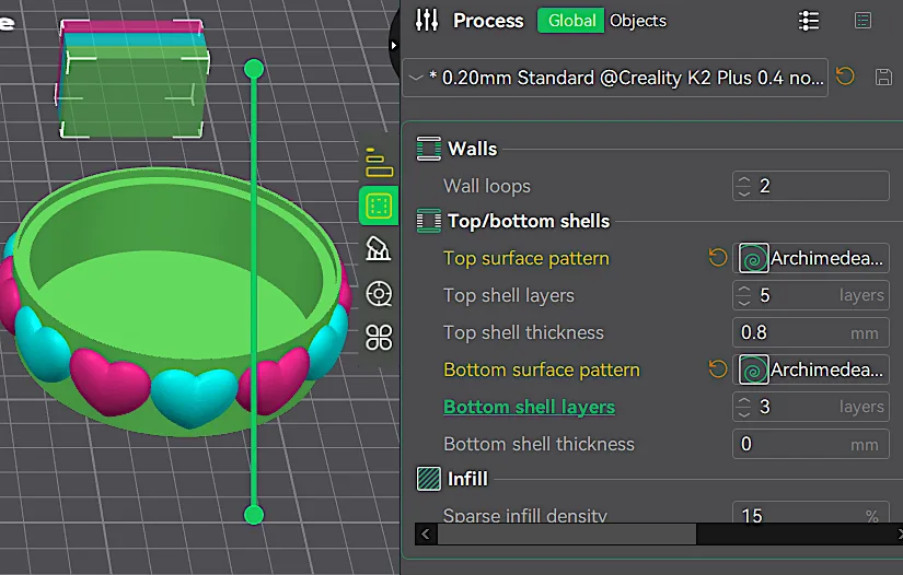 Hearts Tray and Top Bottom Surface Settings in CrealityPrint Preview