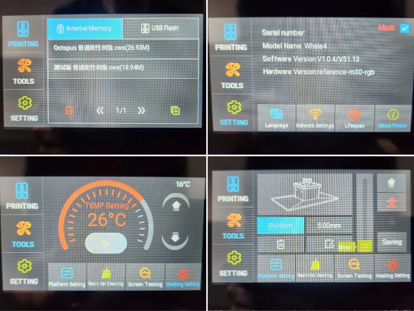 Nova3D Whale4 Ultra 16K Screen Menu Settings