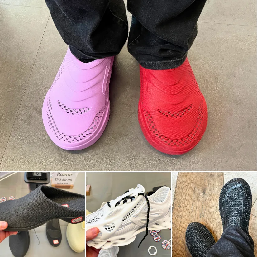 3D printed shoes spotted at SMRRF 2026 including David Tobin D7, PollyFab Flux, and TPU printed footwear displayed at the Siraya Tech stand.