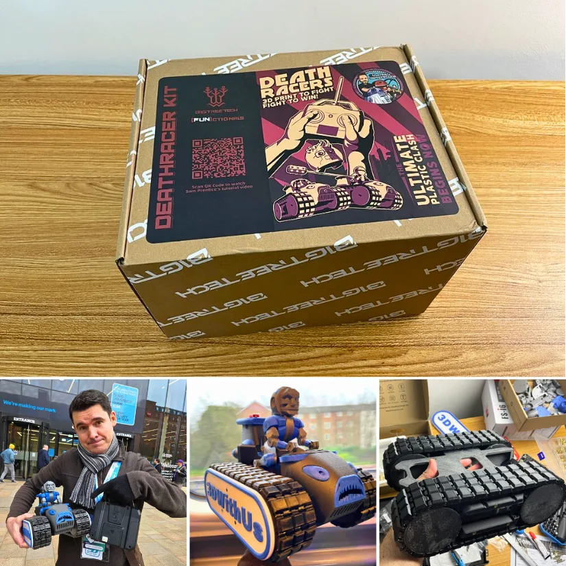 成全动漫在线观看免费高清 Piranha DeathRacer build journey including BigTreeTech DeathRacers kit box, assembled tracked robot, underside mechanics, and final machine presented damaged after show. At SMRRF 2026