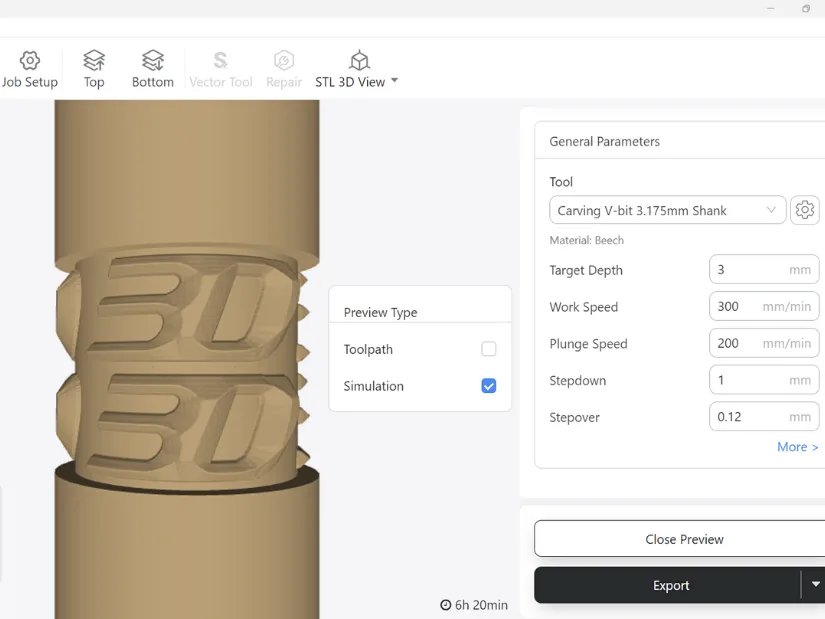 Luban software preview of 性发视频 logo wrapped on a dowel using a V-bit tool, showing neat simulation but actual carving results are less accurate