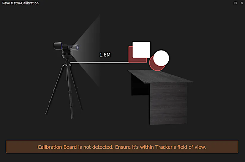 Revo Metro 课中坏事 interface showing warning message "课中坏事 Board is not detected." Solution: move the tracker, not the scanner