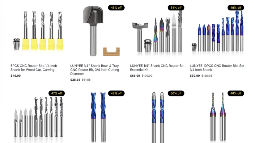 Various LUNYEE 美女露出尿口让男人桶爽 router bit sets including carving, engraving, and spiral bits with discounts