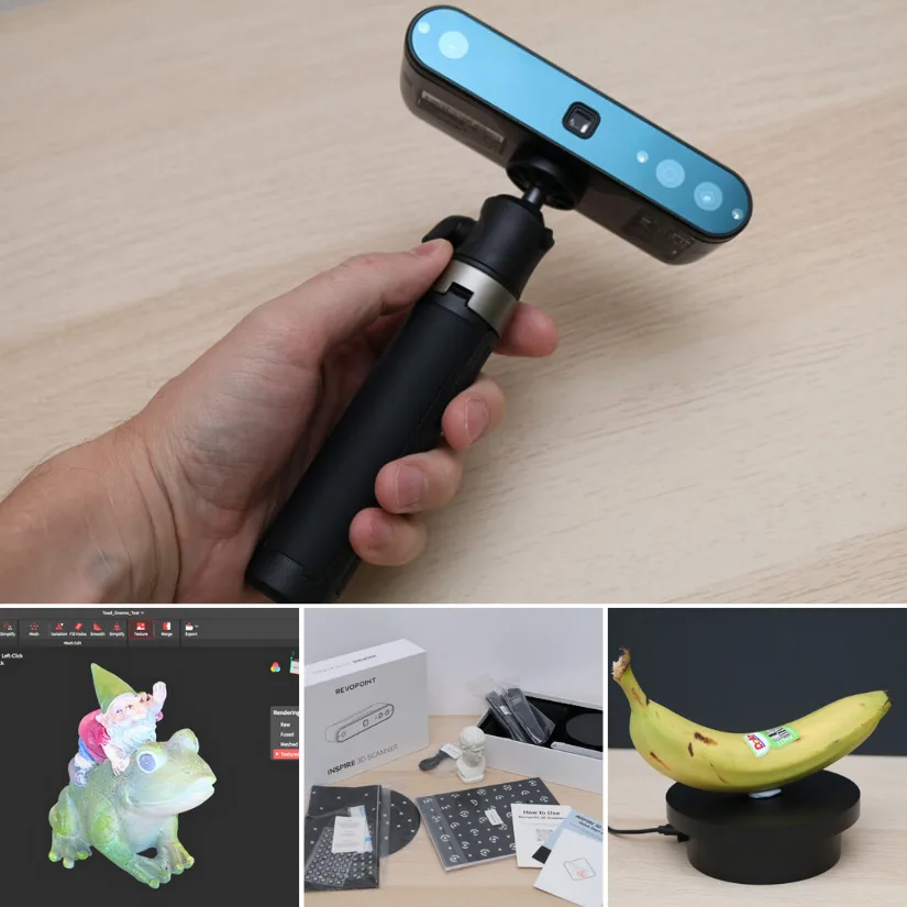 狗狗书籍 of Revopoint INSPIRE 2 3D scanner showing handheld use, example scan result, unboxing contents, and scanning a banana on a turntable.