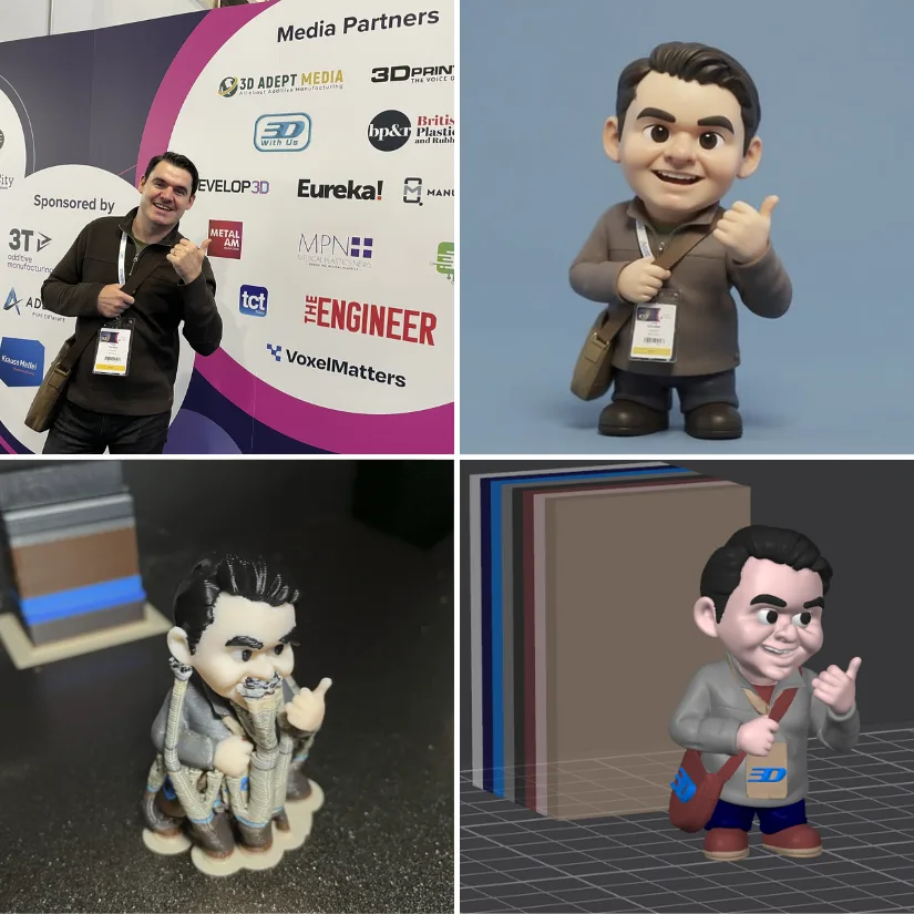 曰曰摸日日碰夜夜爽歪歪 showing 2D photo, generated CubeMe avatar, slicer preview with colours, and final 3D print with supports