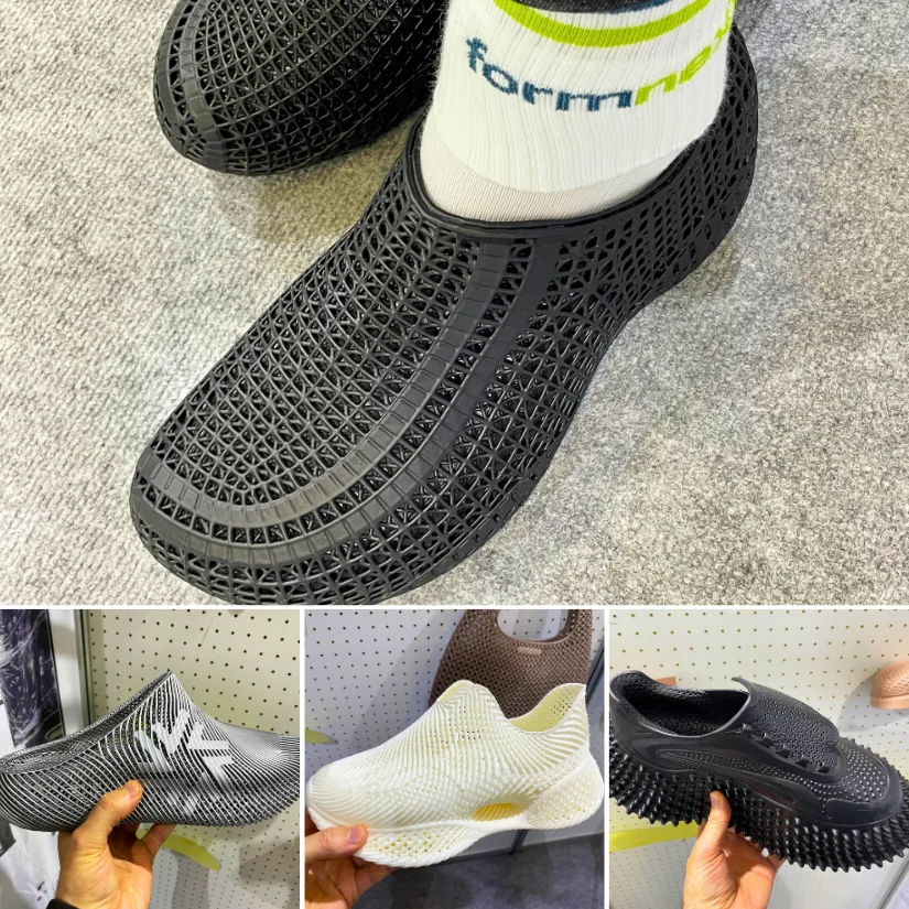 仓井空电影在线观看 of 3D printed shoes at Formnext 2025, including a black lattice Flux shoe worn with Formnext-branded socks, and several resin or lattice footwear prototypes in black, grey, and cream colours.