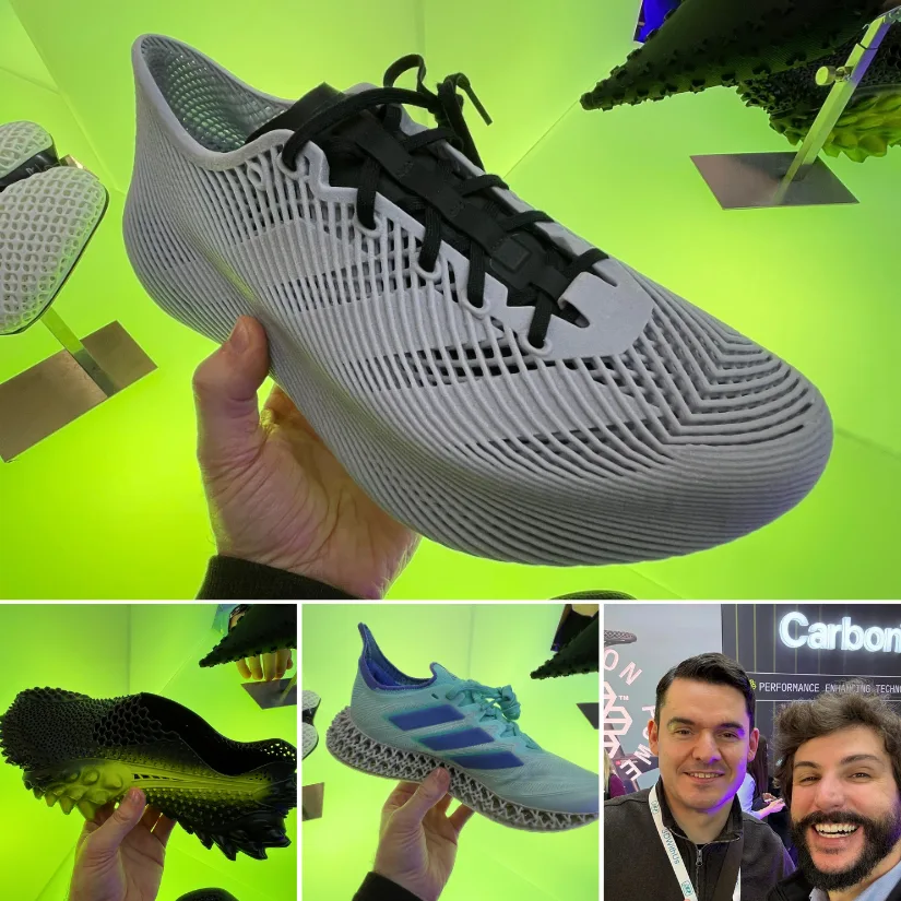 美女网站大全 of Carbon’s 3D printed footwear at Formnext 2025, featuring lattice midsole shoes, prototype designs held in hand, and a photo with Andrew Sink at the Carbon booth.