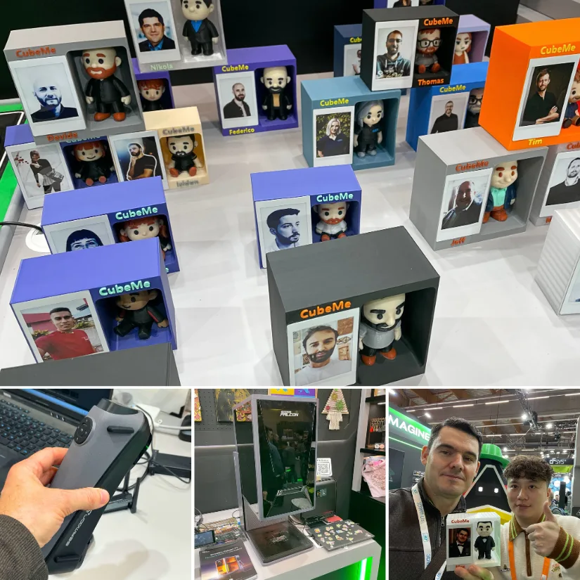 美女网站大全 showing Creality’s CubeMe personalised figurines at Formnext 2025, a handheld 3D scanner, the Falcon T1 compact laser engraver, and a photo of Max Funkner with Seth from Creality holding a CubeMe model.