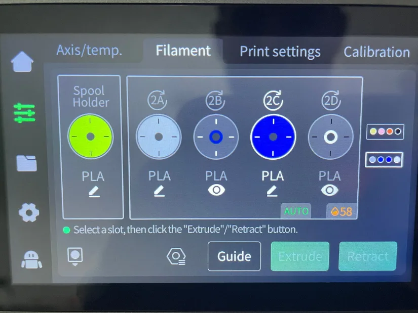 Creality K2 Pro touchscreen showing filament management with multiple CFS slots