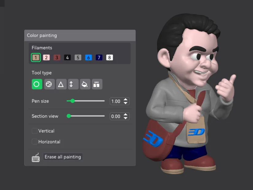 My avatar futured in CubeMe getting painted in CrealityPrint. 8 assigned filaments for multicolor 3D printing.