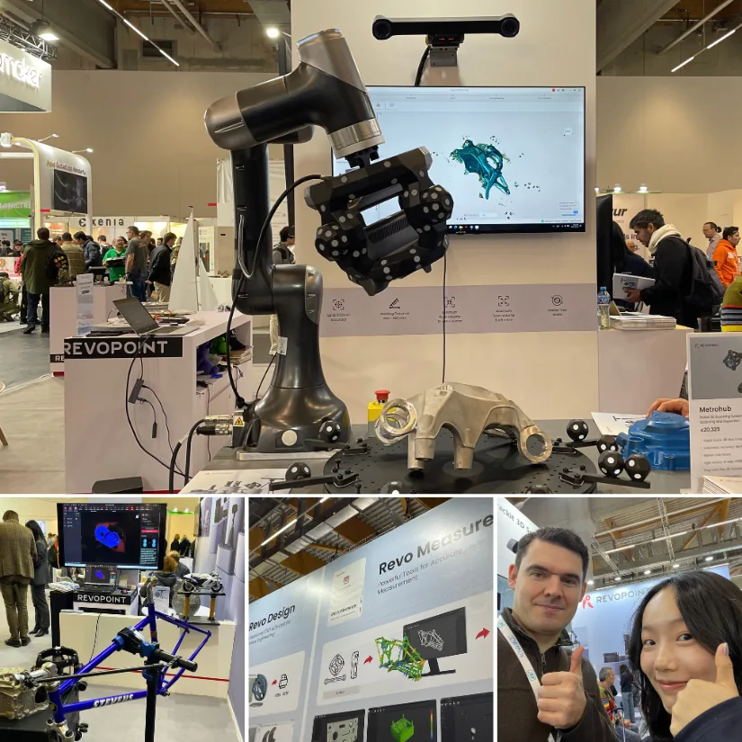 sis最新地址 showing Revopoint3D’s Formnext 2025 booth, including a robotic arm running the TrackIt system, MetroY scanning station, Revo Design and Revo Measure software displays, and a photo with Sienna from the Revopoint team.