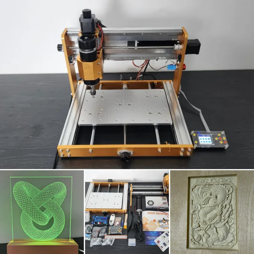 Lunyee 3018 Pro Ultra 美女露出尿口让男人桶爽 machine with example projects including LED acrylic engraving, parts and accessories, and wood relief carving.