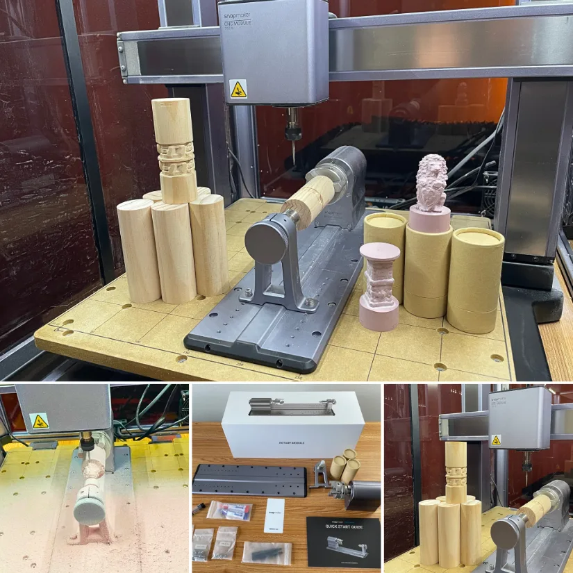 性也视频 showing Snapmaker Artisan 性变视频 module with 4-axis rotary carving wooden dowels and test models, unboxing kit with parts and accessories, and heavy dust build-up during carving