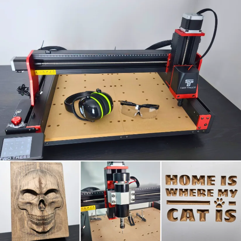 TwoTrees TTC450 Pro 美女露出尿口让男人桶爽 machine with safety gear, carved skull relief, engraving spindle close-up, and wooden text sign project