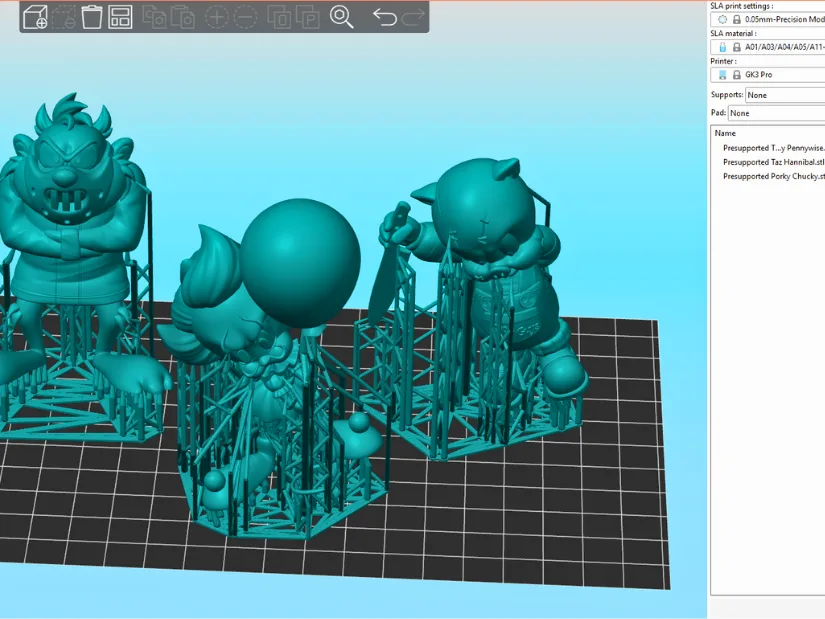 房东太太 Slicer software preview showing multiple supported models prepared for printing on the GK3 Pro