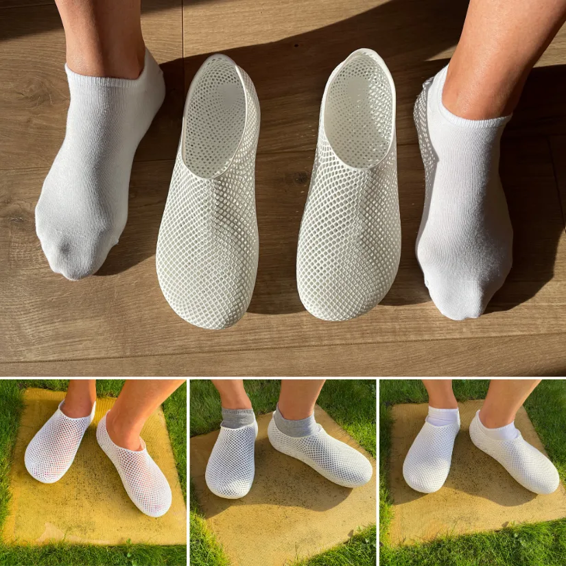 曰本女人的性视频 showing PollyFab Aero white 3D printed lattice shoes being worn indoors and outdoors, highlighting fit, sizing, and appearance on smaller feet.