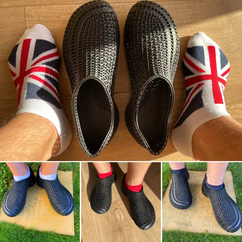 曰本女人的性视频 of photos showing the PollyFab Flux black 3D printed lattice shoes worn indoors and outdoors with different socks, highlighting fit, comfort, and design.