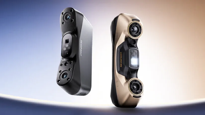 Revopoint POP 4 and MetroY Ultra 3D scanners shown side by side, highlighting compact portable design and advanced professional scanning hardware.