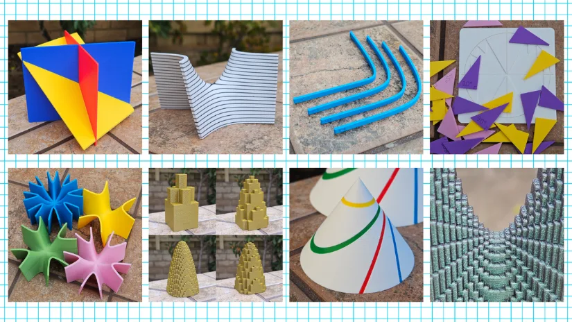 Collection of 3D printed math models including exponential curves, saddle surfaces, conic sections, unit circle triangles, and intersecting planes used for hands-on math education
