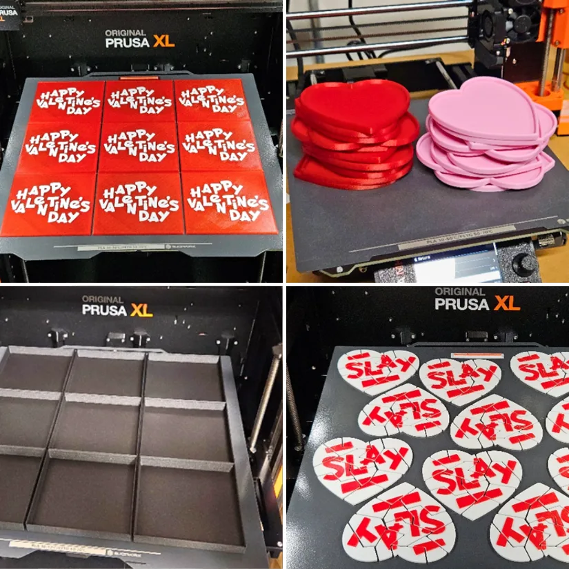 亚洲毛多bbwbbwbbw showing batch printing on Pursa XL and MK4S, finished parts, and assembly stages of 3D printed slang heart puzzles for classroom Valentine exchanges