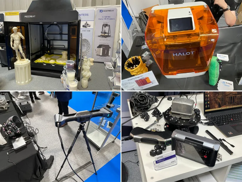 Clockwise 春日野结衣 from TCT 3Sixty 2025 showing an industrial PioCreat 3D printer, the PioCreat HALOT-X1 prosumer resin printer, a Revopoint MIRACO 3D scanner, and a Shining 3D scanning setup