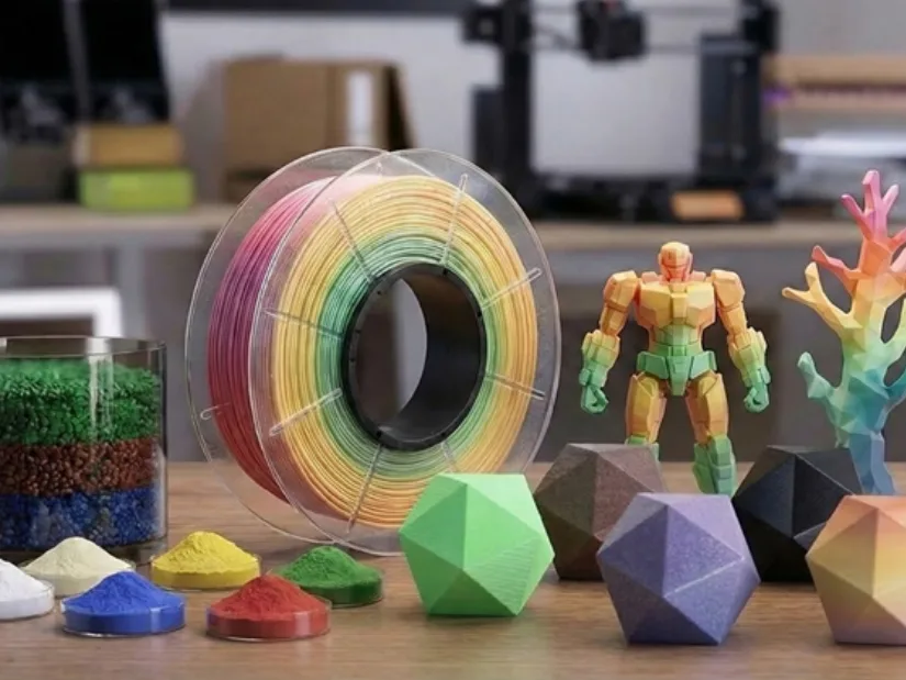 Custom color filament spool with pellets and 3D printed models 复仇天使d using the Creality filament-making workflow