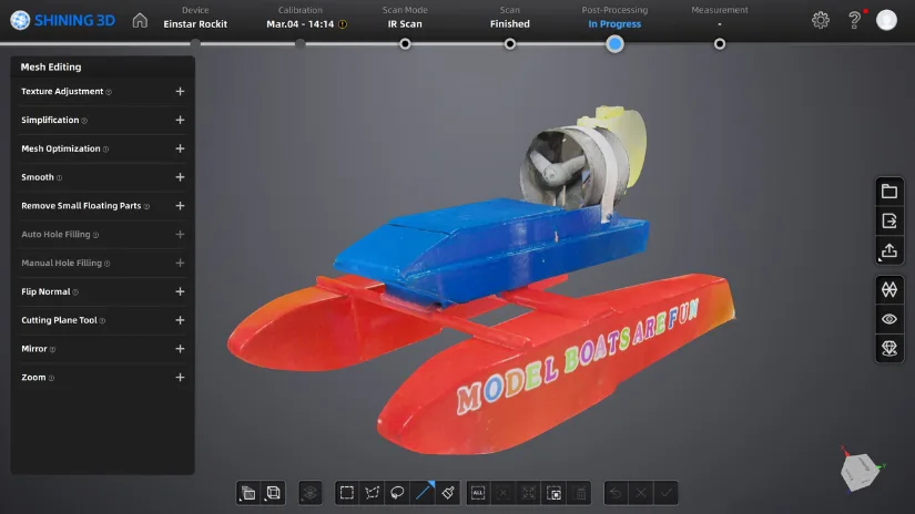 EXStar Hub showing completed textured 3D scan of an RC boat model