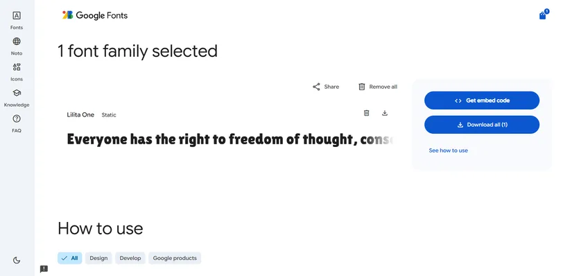 Google Fonts download panel showing a selected font family